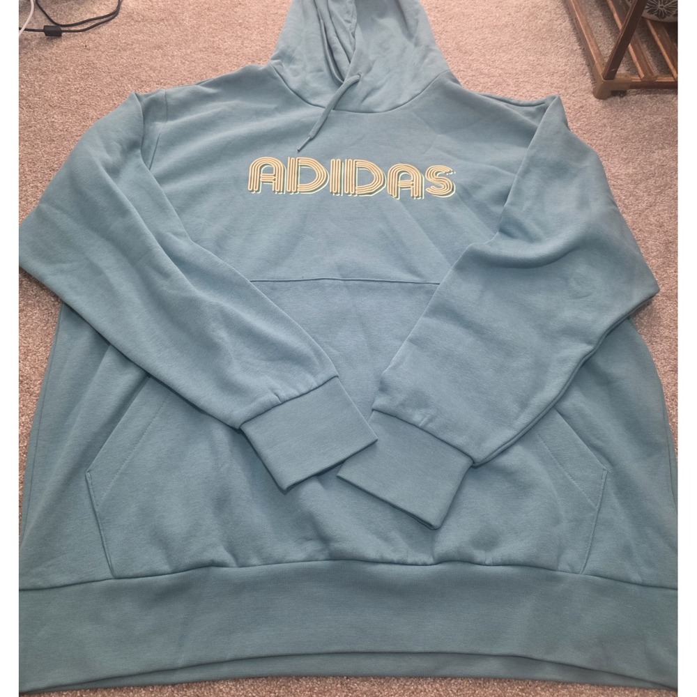Adidas Men Logo Graphic Hoodie Teal Retro Streetwear Pullover Sweatshirt 2XL